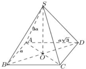 Cho hình chóp \(S.ABCD\), đáy là hình chữ nhật tâm \(O\), \(AB = a\), \(AD = a\sqrt 3 \), \(SA = 3a\), \(SO\) vuông góc với mặt đáy \(\left( {ABCD} \right)\). Thể tích khối chóp  bằng (ảnh 1)