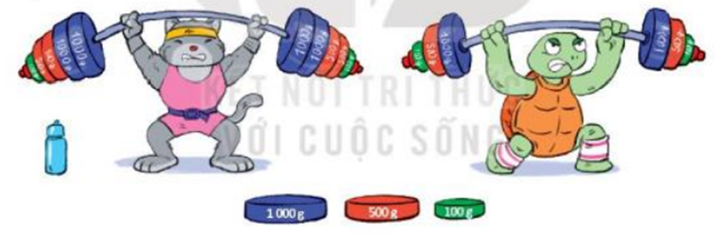 Số? Lực sĩ mèo và rùa thi tài: a) Mỗi bên tạ của mèo cân nặng  (ảnh 1)