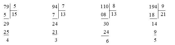 5 là số dư của phép chia nào dưới đây A. 79 : 5 B. 94 : 7 C. 110 : 8 D. 194 : 9 (ảnh 1)