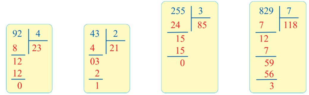 Đặt tính rồi tính 92 : 4 43 : 2 255 : 3 829 : 7 (ảnh 1)