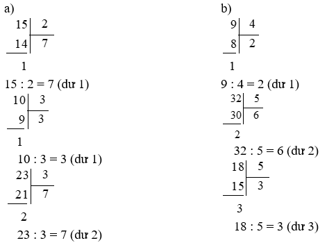 Tính (theo mẫu) Mẫu 17 : 3 = 5 (dư 2) (ảnh 2)