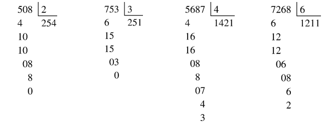 Phép chia nào dưới đây có số dư là 3 A.  508 : 2 B. 753 : 3 C. 5687 : 4 D. 7268 : 6 (ảnh 1)