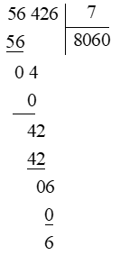 Phép chia 56 426 : 7 có số dư là: A. 3 B. 4 C. 5 D. 6 (ảnh 1)