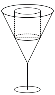 Một viên đá hình trụ đặc có bán kính đáy bằng 2cm, chiều cao bằng 4cm được đặt vừa khít vào trong một chiếc ly rỗng có phần chứa nước là một hình nón như hình vẽ. Biết rằng chiều cao của phần chứa nước của ly gấp đôi chiều cao viên đá (ảnh 1)