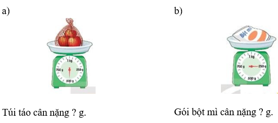 Điền số thích hợp vào dấu hỏi: a) Túi táo cân nặng ? g (ảnh 1)