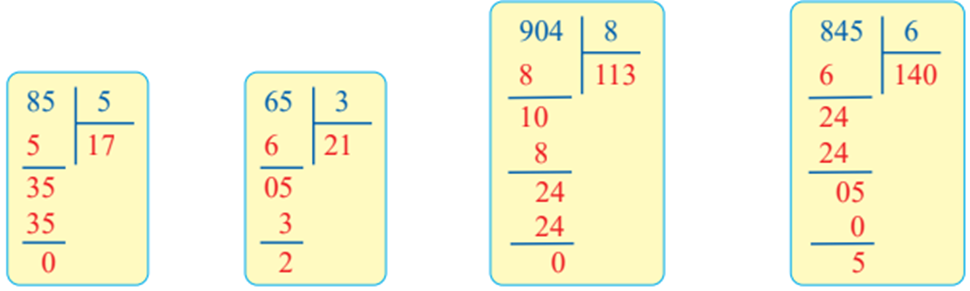 Đặt tính rồi tính 85 : 5 65 : 3 904 : 8 845 : 6 (ảnh 1)