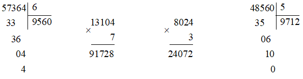 Đặt tính rồi tính: 57 364 : 6 8 024 x 313 104 x 7 48 560 : 5 (ảnh 1)