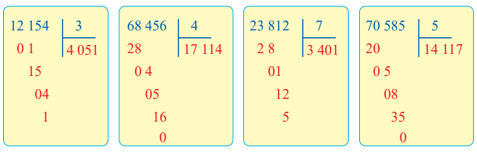 Đặt tính rồi tính 12 154 : 3 68 456 : 4 23 812 : 7 70 585 : 5 (ảnh 1)