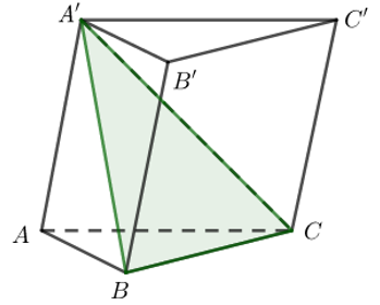 Mặt phẳng (A'BC) chia khối lăng trụ ABC.A'B'C'  thành hai khối chóp. (ảnh 1)