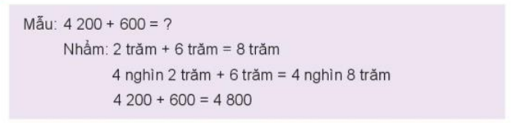 Tính nhẩm (theo mẫu): a) 3200 + 700 b) 5000 + 500 (ảnh 1)