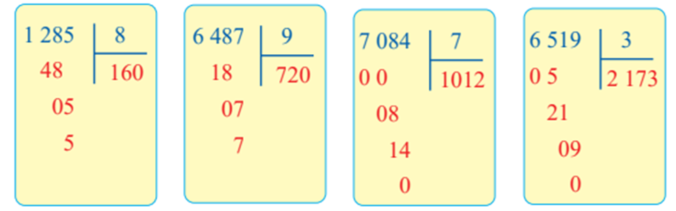 Đặt tính rồi tính 1 285 : 8 6 487 : 9 7 084 : 7 6 519 : 3 (ảnh 1)