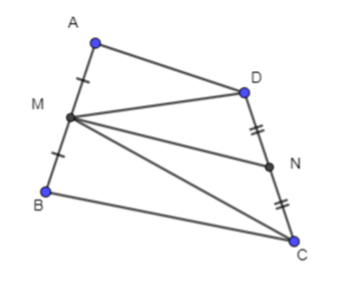 Cho tứ giác ABCD. Gọi M là trung điểm của cạnh AB, CD.  (ảnh 1)