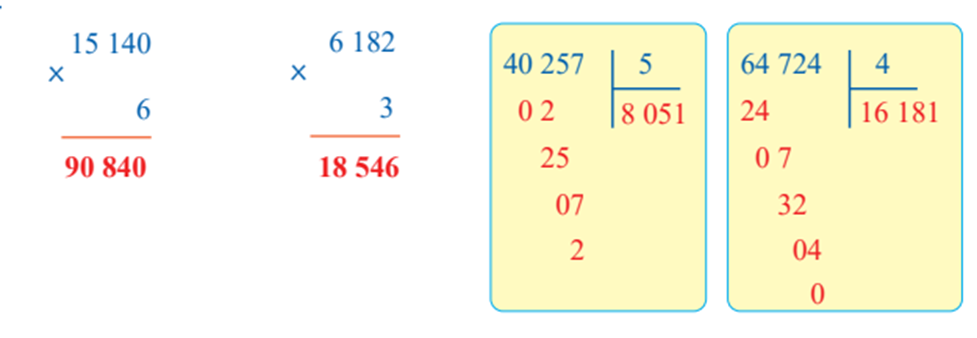 Đặt tính rồi tính 15 140 x 6 6 182 x 3 40 257 : 5 64 724 : 4 (ảnh 1)