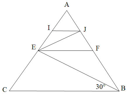  Cho hình vẽ bên dưới. Tính góc BEF, biết FE // BC và góc EBC = 30 độ (ảnh 1)