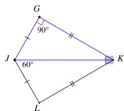 Cho hình vẽ dưới đây, biết JG = JL, GK = LK, góc KJL = 60^0, góc JGK= 90^0.Số đo góc GKL là (ảnh 1)