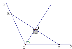 Cho góc xOy khác góc bẹt. Trên tia phân giác của góc xOy lấy điểm I tùy ý, qua I vẽ đường thẳng vuông góc với OI cắt Ox ở E và cắt Oy ở F. Trong các khẳng định sau, khẳng (ảnh 1)