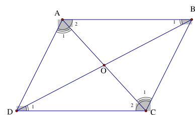 Cho tứ giác ABCD, AB//DC, AD//BC, O là giao của AC và BD. Câu nào sau đây đúng (ảnh 1)