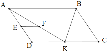  Cho hình bình hành ABCD như hình vẽ. Biết EF // DC, góc DAB = 65 độ và  (ảnh 1)