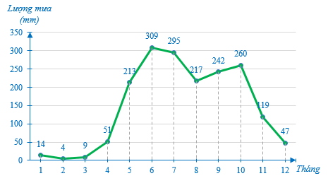 Cho biểu đồ biểu diễn lượng mưa trung bình các tháng năm 2019 tại Thành phố (ảnh 1)