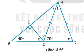 Tính số đo các góc x, y, z, t, v trong Hình 4.55.  (ảnh 1)