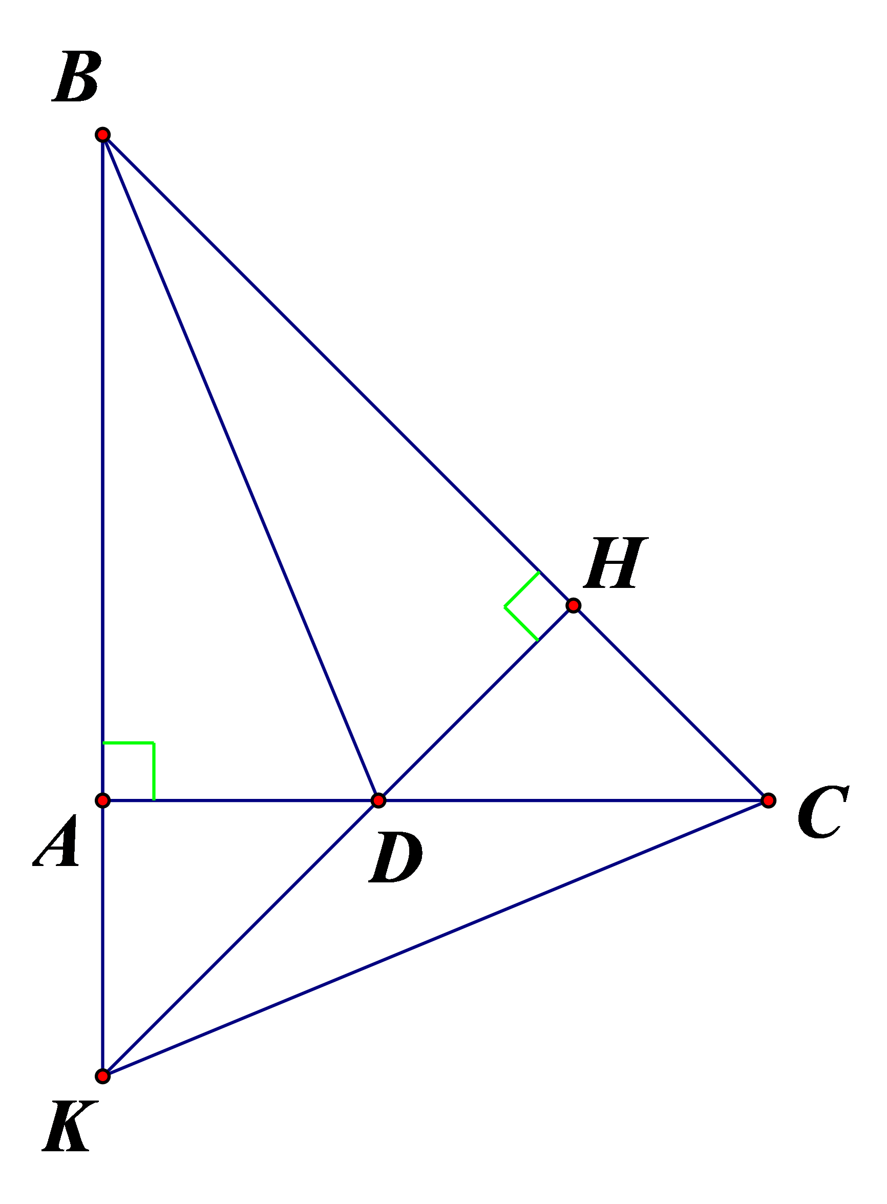 Cho ΔABC vuông tại A. Đường phân giác BD. Vẽ DH ⊥ BC  (H ∈ BC). a) Chứng minh: ΔABD = ΔHBD. b) Chứng minh: AD < DC.  (ảnh 1)