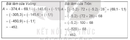 Với bài tập: Tính tổng A = -5,2.72 + 69,1 + 5,2 .(-28) + (-1,1). Hai bạn Vuông và (ảnh 1)