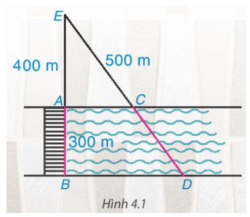 Cây cầu AB bắc qua một con sông có chiều rộng 300 m. Để đo khoảng cách giữa hai điểm (ảnh 1)