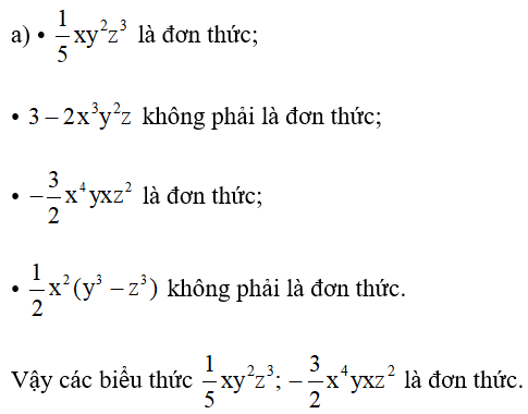 a) Trong những biểu thức sau, biểu thức nào là đơn thức?   (ảnh 1)