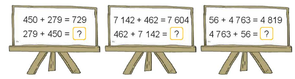 Số? 450 + 279 = 729   279 + 450 = ?  7 142 + 462 = 7 604  462 + 7 142 = ? (ảnh 1)