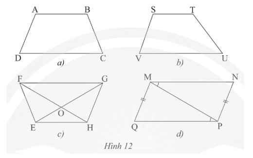 Sử dụng thước đo góc và thước đo độ dài để tìm hình thang cân trong các tứ giác ở Hình 12.  (ảnh 1)