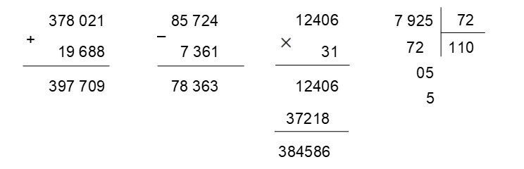 Đặt tính rồi tính: a) 378 021 + 19 688 c) 12 406 × 31	b) 85 724 – 7 361 d) 7 925 : 72 (ảnh 1)