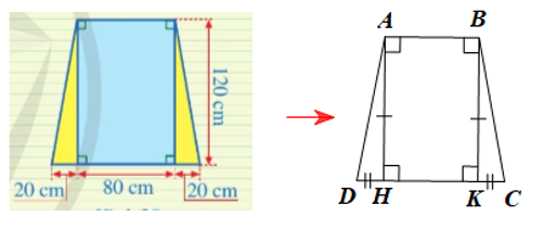 Một ô cửa sổ có dạng hình chữ nhật với chiều dài là 120 cm và chiều rộng là 80 cm. Người ta mở rộng ô cửa sổ đó bằng cách tăng độ dài cạnh dưới về hai bên, mỗi bên 20 cm (mô tả ở Hình 29). Sau khi mở rộng thì ô cửa sổ đó có dạng hình gì? Tính diện tích của ô cửa sổ đó sau khi mở rộng.  (ảnh 2)