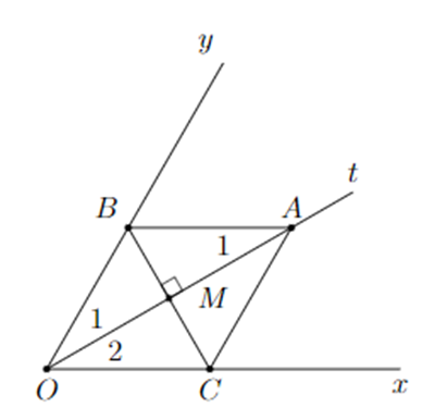 Cho góc xOy khác góc bẹt. Trên tia phân giác Ot của góc xOy (ảnh 1)