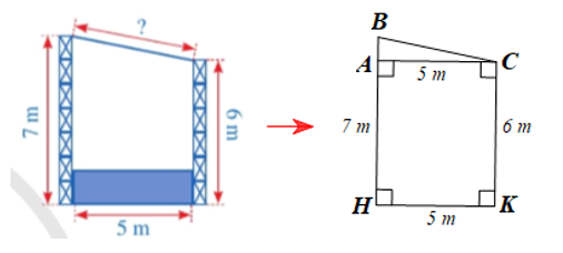 Hình 10 mô tả mặt cắt đứng của một sân khấu ngoài trời có mái che. Chiều cao của khung phía trước khoảng 7 m, chiều cao của khung phía sau là 6 m, hai khung cách nhau một khoảng là 5 m. Chiều dài của mái che sân khấu đó là bao nhiêu mét (làm tròn kết quả đến hàng phần trăm)? (ảnh 2)
