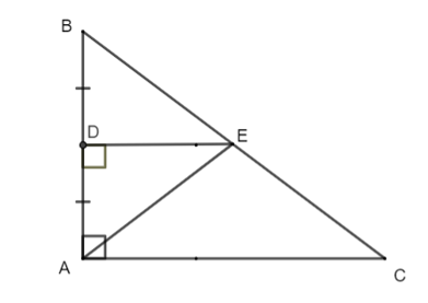 Cho tam giác ABC vuông tại A và D là trung điểm của AB. Từ D kẻ đường thẳng vuông (ảnh 1)