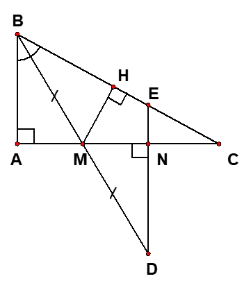 Cho  vuông tại A (AB < AC), tia phân giác của góc B cắt AC tại M. Trên tia đối của tia MB lấy điểm D sao cho MB = MD, từ điểm D vẽ đường thẳng vuông góc với AC tại N và cắt BC tại điểm E.       a) Chứng minh ;        b) Chứng minh BE = DE;       c) Chứng minh rằng MN < MC (ảnh 1)