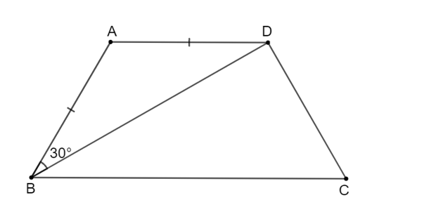 Cho hình thang cân ABCD (AB // CD) có AB = AD. Biết góc ABD = 30 độ (ảnh 1)