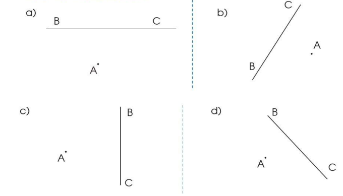 Vẽ đường thẳng đi qua điểm A và vuông góc với đường thẳng BC trong mỗi trường hợp sau: (ảnh 1)