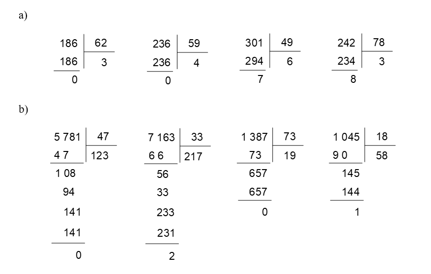 Đặt tính rồi tính: a) 186 : 62 b) 5 781 : 47	236 : 59 7 163 : 33	301 : 49 1 387 : 73 (ảnh 1)