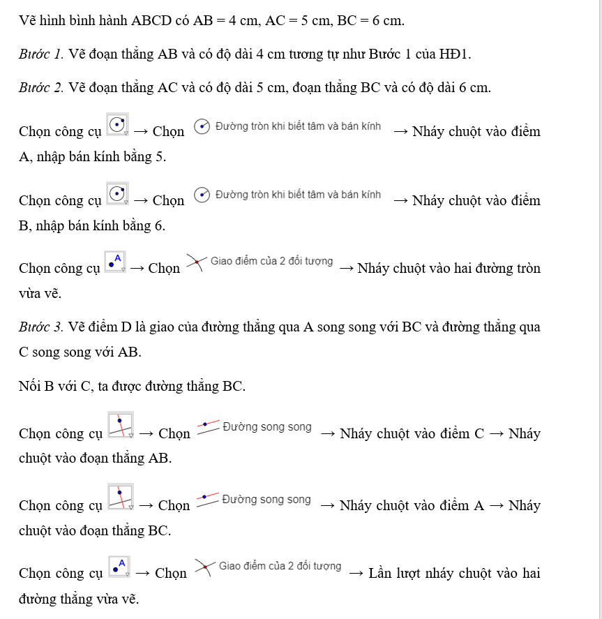 a) Em hãy trình bày các bước dùng phần mềm GeoGebra để vẽ hình bình hành  (ảnh 1)