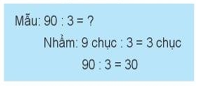 Tính nhẩm (theo mẫu) Mẫu: 90 : 3 = dấu hỏi Nhâm: 9 chục : 3 = 3 chục 90 : 3 = 30 (ảnh 1)