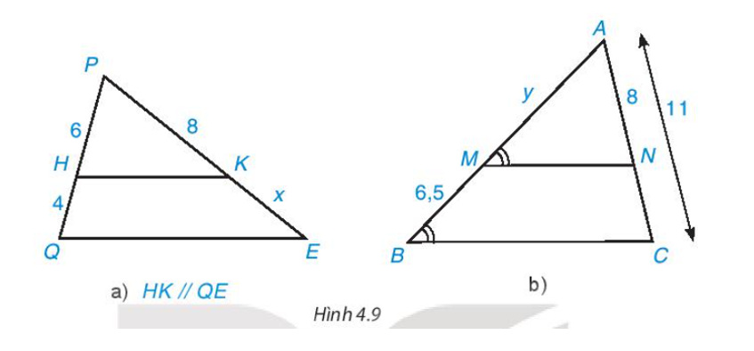 Tìm độ dài x, y trong Hình 4.9 (làm tròn kết quả đến chữ số thập phân thứ nhất). (ảnh 1)