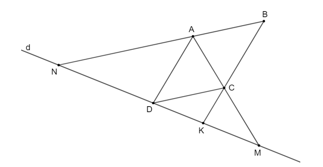 Cho hình bình hành ABCD, một đường thẳng đi qua D cắt AC, AB, CB theo  (ảnh 1)