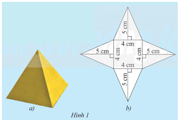 Nam làm một chiếc hộp hình chóp tứ giác đều như Hình la, sau đó Nam trải các mặt của chiếc hộp với các số đo đã cho như Hình 1b. Hãy cho biết:   (ảnh 1)
