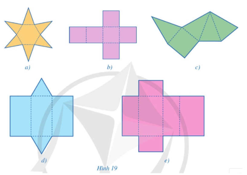 Trong các miếng bìa ở hình 19a, 19b, 19c, 19d, 19e, miếng bìa nào có thể gấp lại (theo các nét đứt) để được hình chóp tứ giác đều? (ảnh 1)
