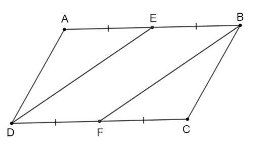 Cho hình bình hành ABCD. Gọi E, F lần lượt là trung điểm của AB, CD. Chứng minh BF = DE. (ảnh 1)