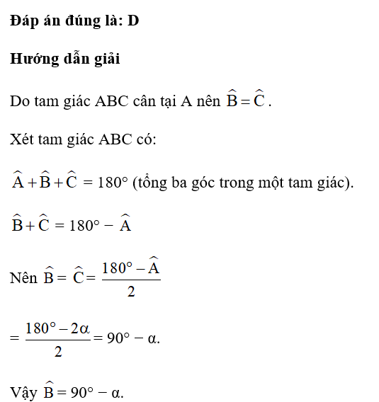 Cho tam giác ABC cân tại A có góc A = 2 alpha. Tính số đo góc B theo alpha (ảnh 1)