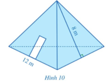 Một kho chứa có dạng hình chóp tam giác đều với độ dài cạnh đáy khoảng 12 m và độ dài trung đoạn khoảng 8 m (Hình 10). Người ta muốn sơn phủ bên ngoài cả ba mặt xung quanh của kho chứa đó và không sơn phủ phần làm cửa có diện tích là 5 m2. Biết rằng cứ mỗi mét vuông sơn cần trả 30 000 đồng. Cần phải trả bao nhiêu tiền để hoàn thành việc sơn phủ đó?   (ảnh 1)