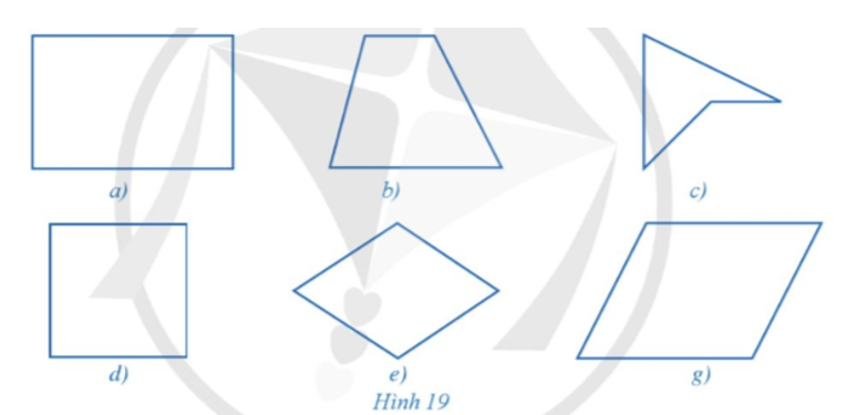 Trong các tứ giác ở hình 19a, 19b, 19c, 19d, 19e, 19g, tứ giác nào không phải là tứ giác lồi? Vì sao? (ảnh 1)