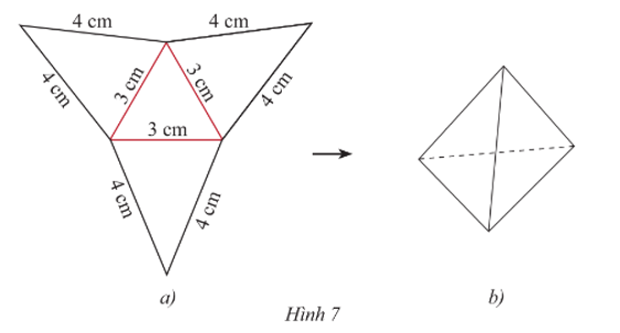 Tạo lập hình chóp tam giác đều có độ dài cạnh đáy 3 cm và cạnh bên 4 cm theo hướng dẫn sau:  ‒ Trên một tấm bìa, vẽ một hình tam giác đều và ba hình tam giác (ảnh 1)